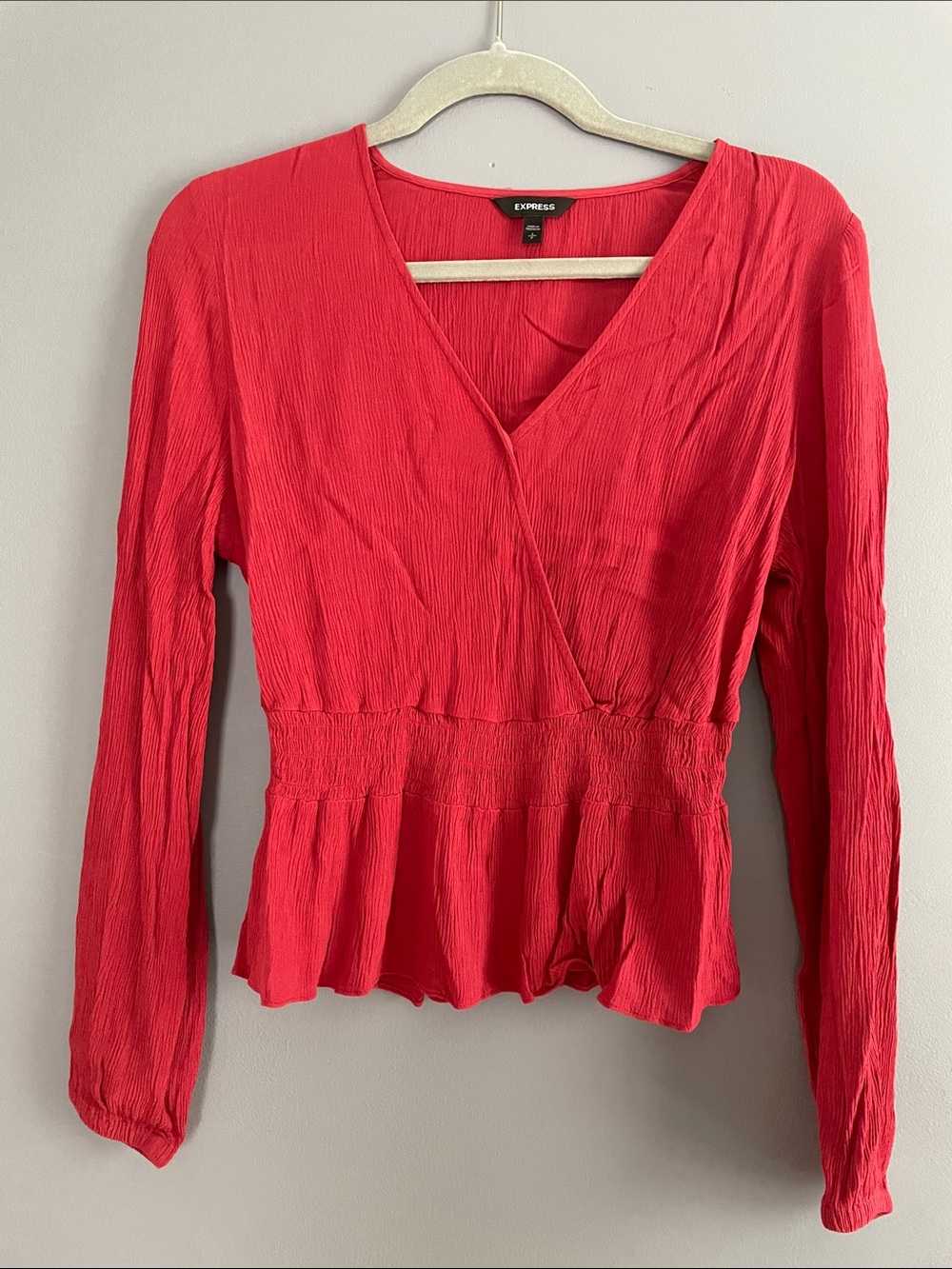Express Pink V-Neck Smocked Waist Peplum Blouse